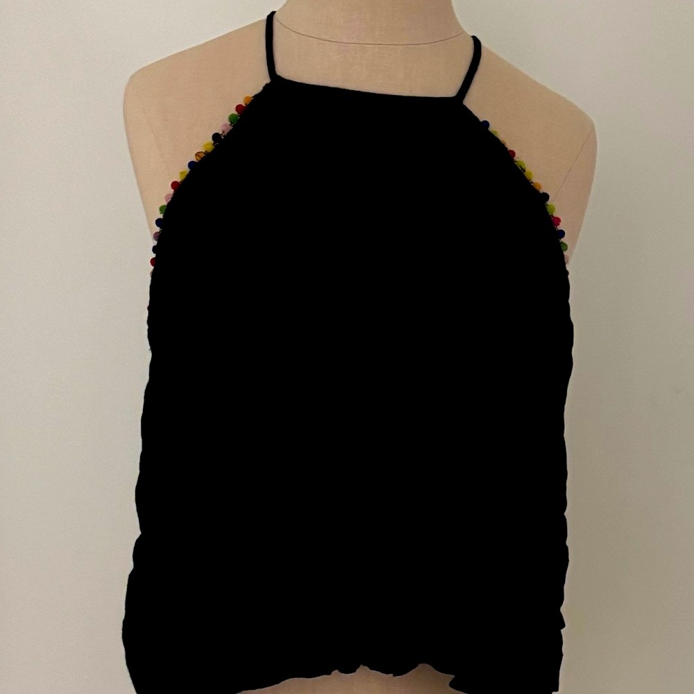 Cropped Halter Pom-Pom Top, Black, 100% Rayon, Women’s Size M